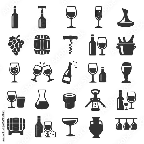 Wine icons collection featuring glasses, bottles, and corkscrews.