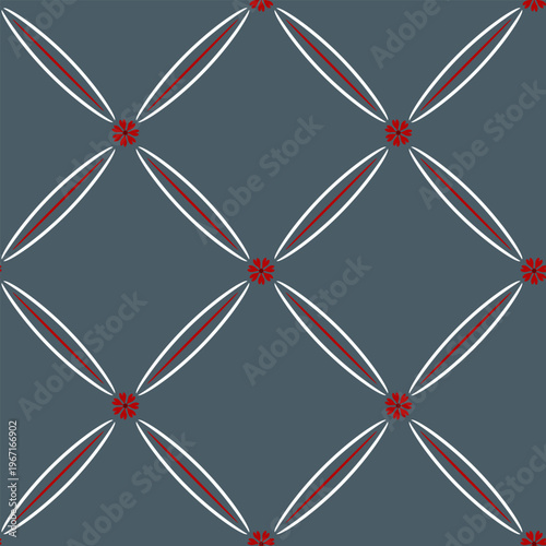 Minimalist seamless pattern featuring dark red flowers and white leaf-like geometric lines. Elegant ethnic-inspired design for textile, wallpaper, home decor, and wrapping paper. Vector illustration