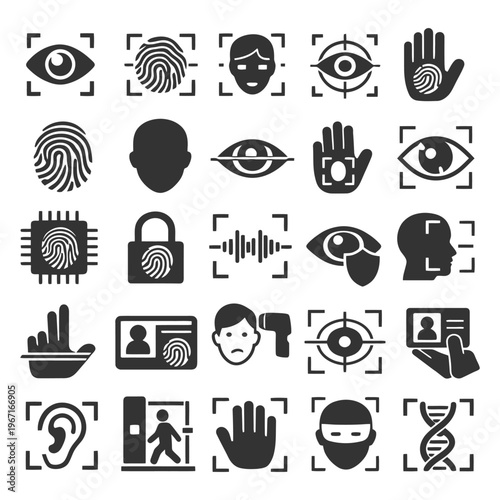 Biometric security icons: fingerprint, eye, face, voice recognition symbols.