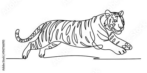 A continuous single line drawing of a majestic tiger in a dynamic prowling and hunting pose. Vector, illustration