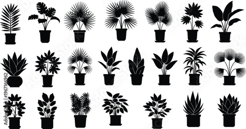 Indoor Plant Silhouette Collection Potted Houseplants Set Isolated on White Background Decorative Foliage Botanical Elements for Home Decor and Garden Design Use