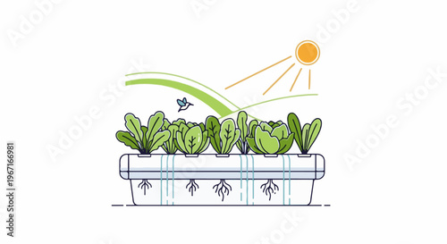 Hydroponic garden with sun and bird, a sustainable farming illustration