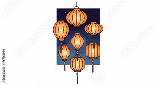 Illuminated orange lanterns hang against a dark night sky with stars