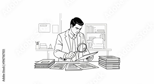 Man in suit intently examines document with magnifying glass at desk