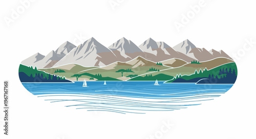 Mountain range meets serene lake with sailboats under a clear sky