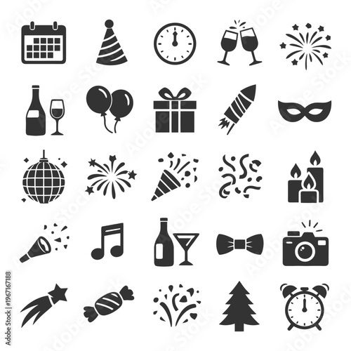 Celebration icons: party, festive elements and decorations in black and white.