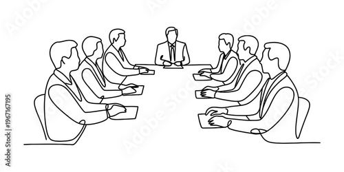 A continuous line drawing illustration of a business team gathered around a large boardroom table Vector, illustration