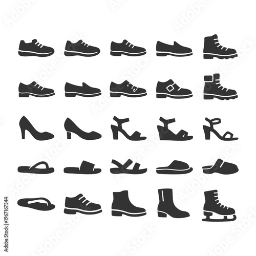 Assorted footwear silhouettes collection: formal, casual, athletic, and sandals.