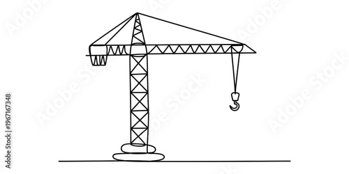 A simple black and white line drawing of a tall tower crane used on a construction site for work. Vector, illustration