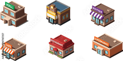 Isometric city buildings illustration set featuring mall, cinema, boutique, cafe, restaurant and supermarket icons for urban business and commercial design projects
