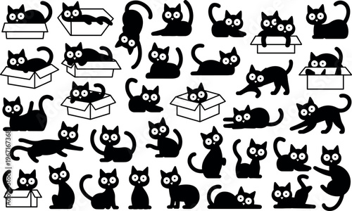 Black cat vector illustrations set in playful poses with open gift boxes isolated on white background