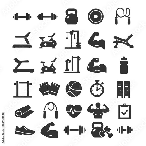 Fitness icons set: gym equipment, weights, cardio, strength, workout essentials.