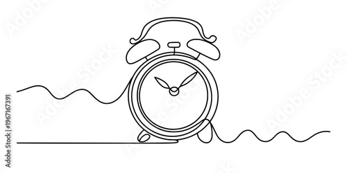A single continuous line drawing of a vintage alarm clock set against a plain white background. Vector, illustration