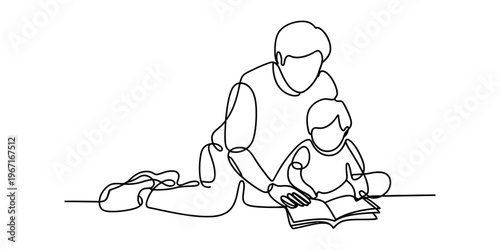 A single continuous line drawing of a parent and a young child reading a book together on floor Vector, illustration