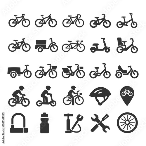 Bicycle icons: styles, accessories, and equipment in black silhouettes.