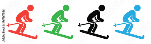 Colorful icon set of skiers in different colors skiing downhill vector illustration
