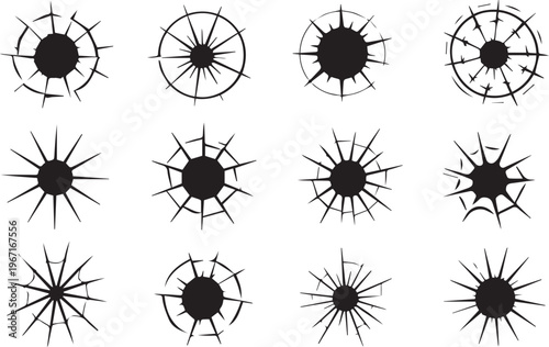 Bullet Holes and Gunshot Cracks Icons Set, Realistic Broken Glass Damage Vector Collection