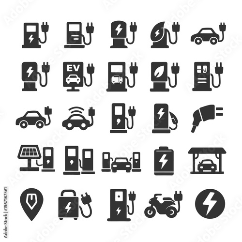 Electric vehicle charging icons set with solar panels and batteries.