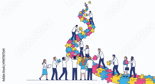 People climbing colorful puzzle pieces teamwork concept