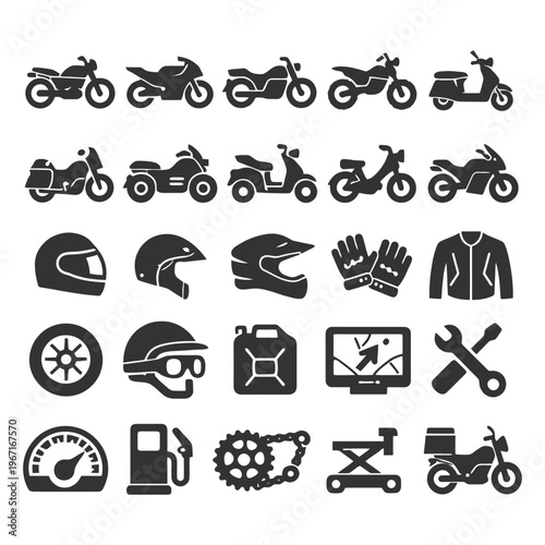 Motorcycle icons set: helmets, tools, gasoline, speedometers, jackets.