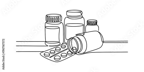 A continuous line drawing of various medical pill bottles and a blister pack of tablets for health Vector, illustration