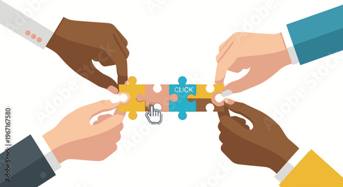 Diverse hands assembling colorful puzzle pieces together teamwork