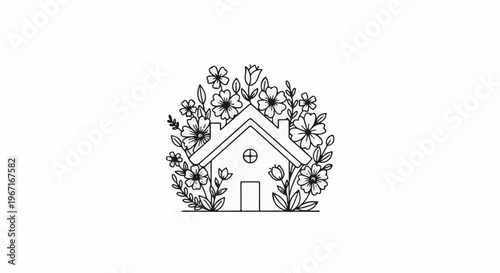 Simple line art of a house enveloped by blooming flowers and leaves