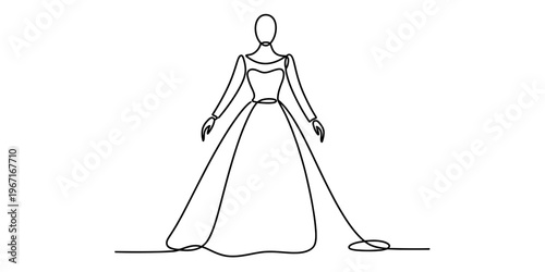 A minimalist single line drawing illustration of a beautiful wedding dress worn by a bride figure Vector, illustration