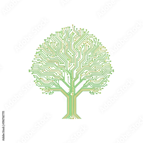 A green circuit board tree grows naturally outdoors