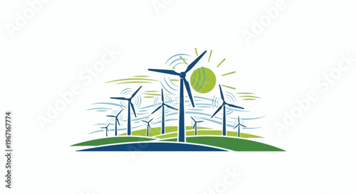 Stylized illustration of wind turbines against a backdrop of swirling lines and sun