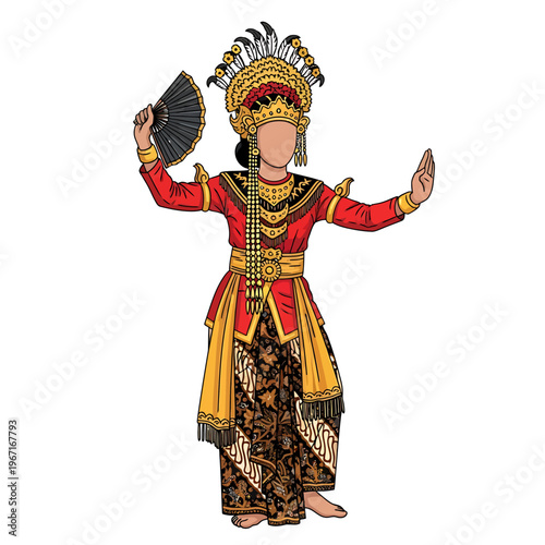 Illustration of a traditional Indonesian dancer in elaborate costume performing a cultural dance with a fan.