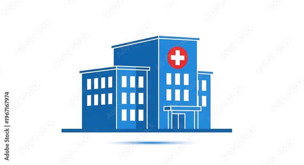 Obraz premium A blue hospital building with a red cross symbol on a white background, representing medical care and health services.