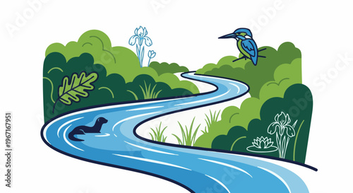 Stylized river with otter, kingfisher, iris, and oak leaf illustration