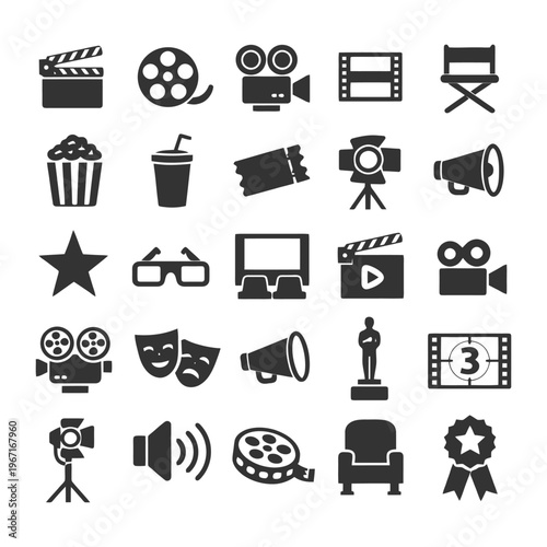 Cinema and film icons collection: clapperboard, camera, popcorn, megaphone, award.