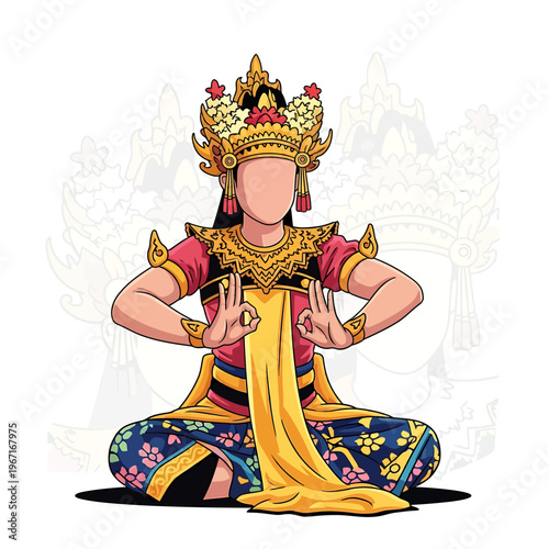 Balinese dancer in traditional costume performing a graceful pose, adorned with golden crown and intricate jewelry.