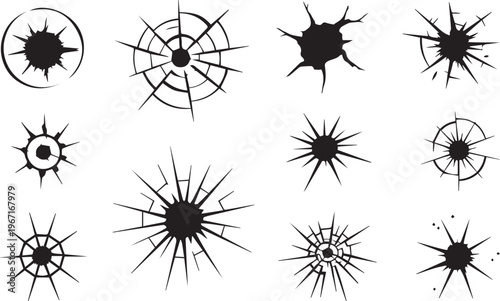 Bullet Holes and Gunshot Cracks Icons Set, Realistic Broken Glass Damage Vector Collection