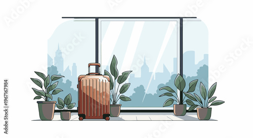 Suitcase and potted plants on a windowsill overlooking a city skyline