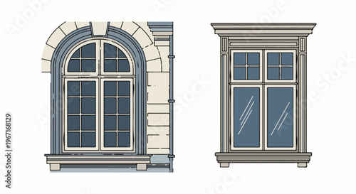 Two ornate windows with different architectural styles