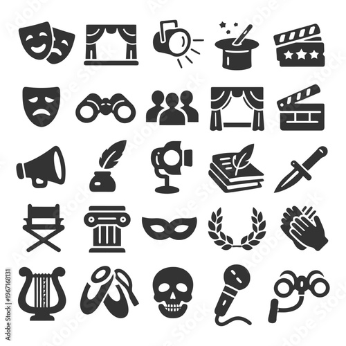 Theater and performance icons: masks, stage, lights, and more.