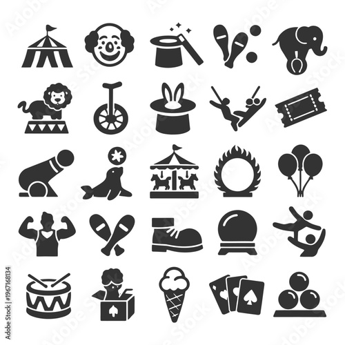 Circus icons collection featuring animals, performers, and circus equipment.