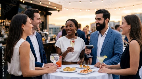 Diverse group of friends enjoying cocktails and appetizers at a sunset rooftop party