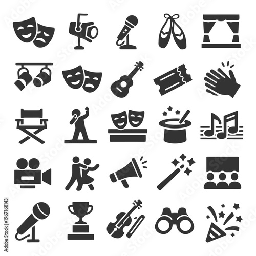 Theater and performance icon set featuring masks, instruments, and stage elements.