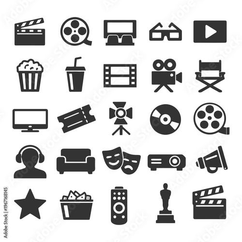 Cinema icons: popcorn, film reel, director's chair, megaphone, 3d glasses.