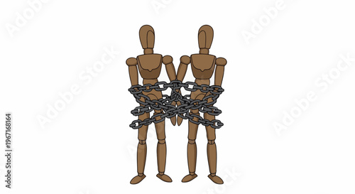 Two wooden mannequins are bound together by a thick, dark chain