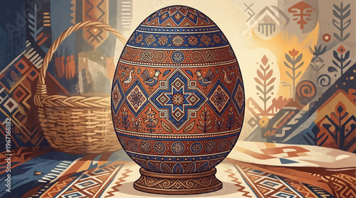 Ornate Ukrainian Pysanky Easter Egg Richly Decorated with Traditional Geometric Patterns and Avian Motifs Presented Alongside a Wicker Basket and Textiles Evoking Cultural Heritage and Spring Celebrat