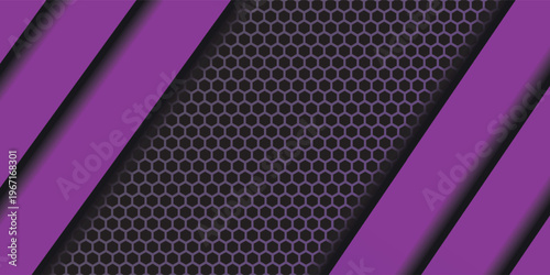 Dark purple technology hexagonal vector background. Pink bright energy flashes under hexagon in dark technology modern futuristic background vector illustration. Dark violet honeycomb texture grid.