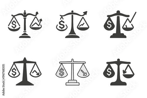 Inflation Deflation Icons. Inflation and deflation. Icon set. Set Logo of Inflation and deflation: scale balancing prices and value. harmonious logo variations