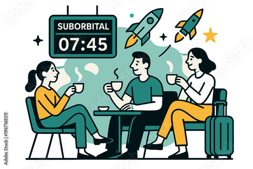 Spaceport Lounge Atmosphere. Spaceport Lounge Experience. Travelers sip coffee beneath a departure board reading ?Suborbital :.? Mini rockets and star icons