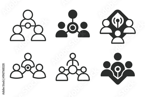 Communication Logo Variations. Mass communication theory. Icon set. Set Logo of mass communication theory: people connected through media channels. harmonious