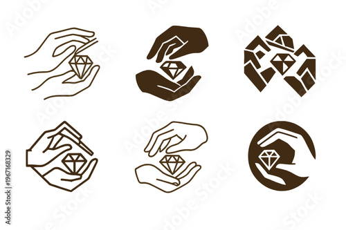 Artisan Gem Logo Variations. Artisan craftsmanship. Set Logo of Artisan craftsmanship: jeweler?s hands shaping gem. harmonious logo variations of the same